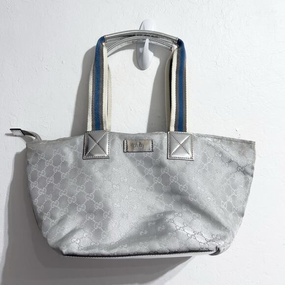 Vintage Gucci Tote Bag Purse Silver Metallic Y2K Logo Gray Sherry Line Web 2000s - Picture 1 of 15